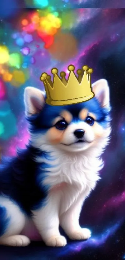 Cute crowned puppy with cosmic rainbow background.