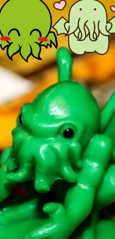 Cute green Cthulhu cartoon with mythical fantasy theme.