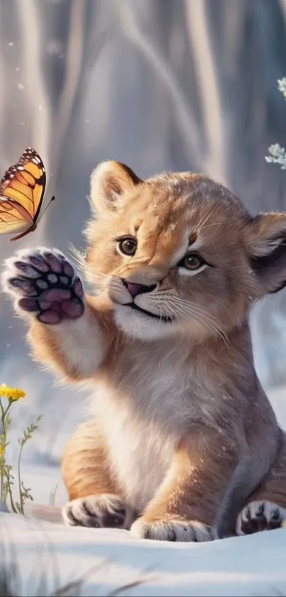 Adorable lion cub reaching for a butterfly in a dreamy natural scene.