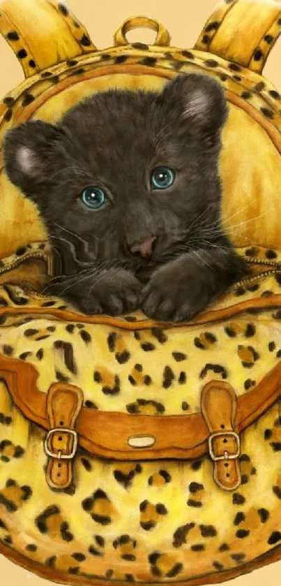 Black cub inside a leopard print backpack on a golden yellow background.