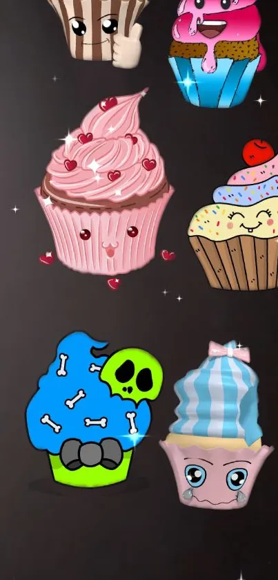 Cute and colorful cartoon cupcake designs on a black mobile wallpaper.