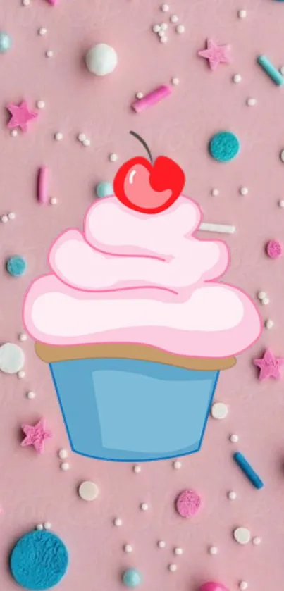 Cute cupcake on pastel pink background with colorful sprinkles.