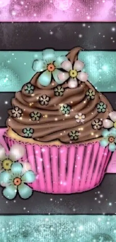 Cupcake wallpaper with pink, teal stripes and floral decorations.