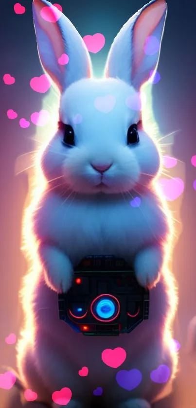 Cute cyber bunny with glowing hearts on wallpaper.