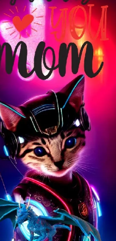 Cute cyber cat with 'I love you mom' text in glowing neon hues.