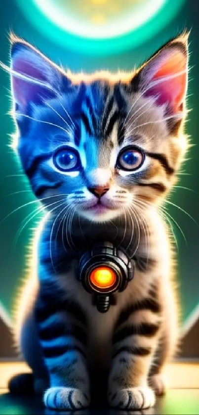 Adorable cyber cat with neon lights in futuristic setting.