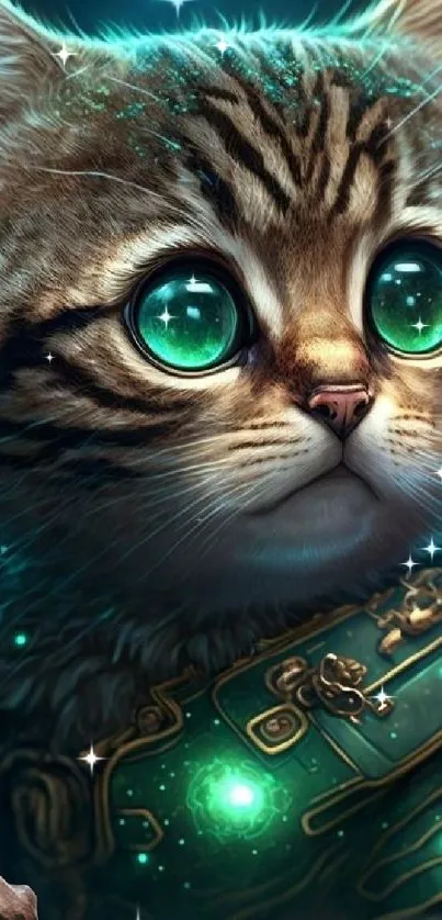 Adorable cyberpunk cat with glowing teal green eyes and futuristic design.