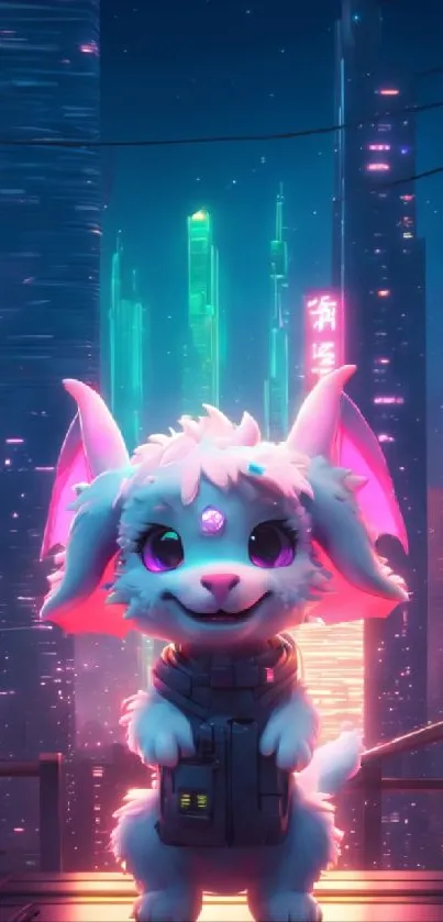 Cute cyberpunk creature in neon cityscape at night.