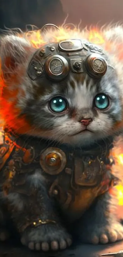 Cyberpunk kitten with glowing eyes and metal gear.