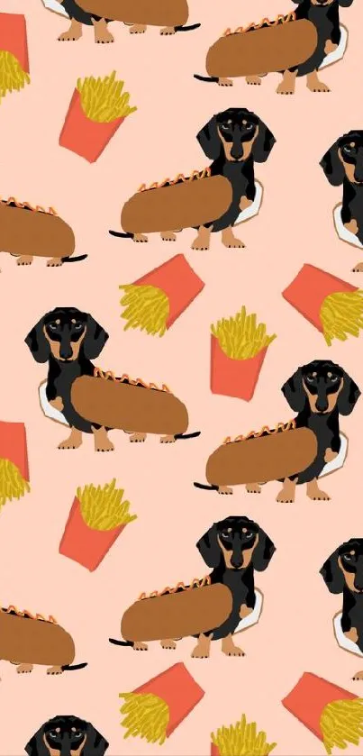 Pattern of cartoon dachshunds and fries on a peach background.