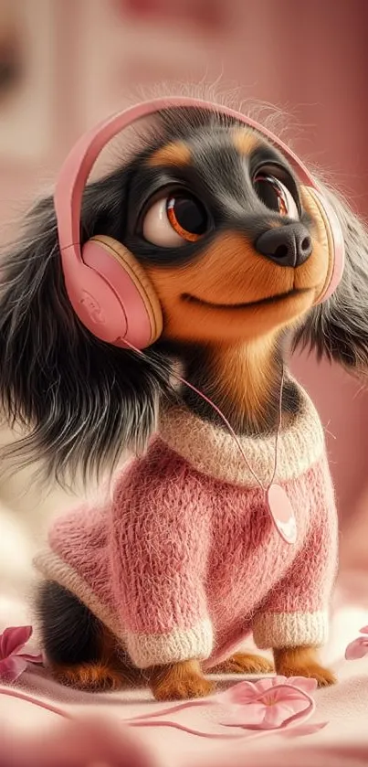 Dachshund with pink headphones and cozy sweater.