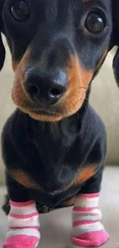 Dachshund puppy wearing pink and white socks sitting on beige fabric.