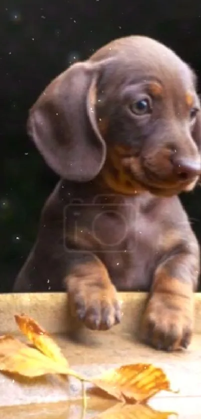 Adorable Dachshund puppy peeks over a ledge with autumn leaves.