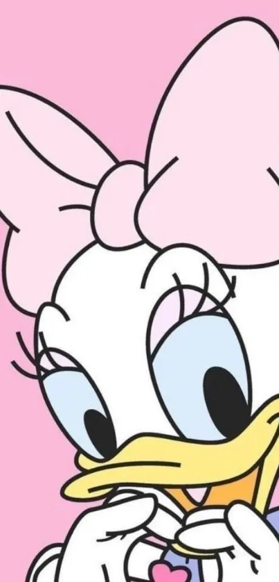 Daisy Duck mobile wallpaper with pink background and heart gesture.