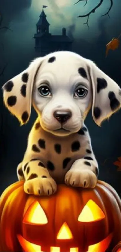 Adorable Dalmatian puppy on Halloween pumpkin