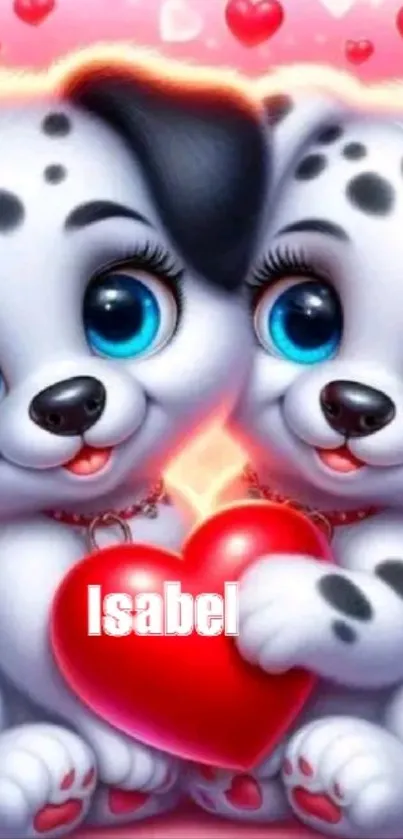 Two cartoon Dalmatian puppies holding a heart.