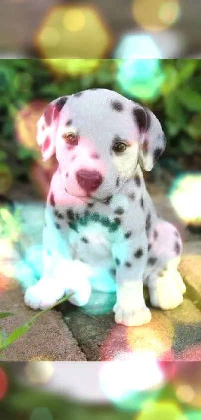 Cute Dalmatian puppy sitting outdoors with vibrant colors.