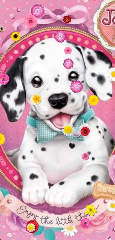 Cute Dalmatian puppy with pink floral background.