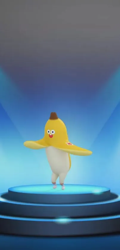 Banana character dancing on a spotlighted stage with a blue background.