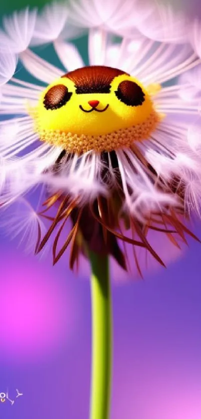 Cute cartoon dandelion with smiling face on a vibrant background.