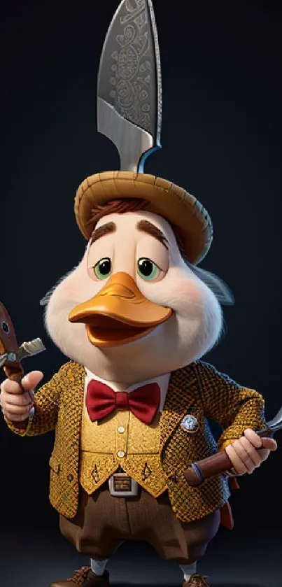 Charming cartoon duck dressed dapperly, with expressive tools, on a dark background.