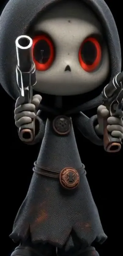 Cute hooded cartoon character with red eyes holding guns.