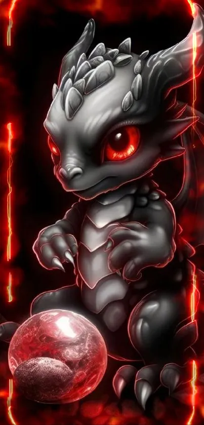 A cute, dark dragon with red eyes holding a crystal orb in a fantasy style.