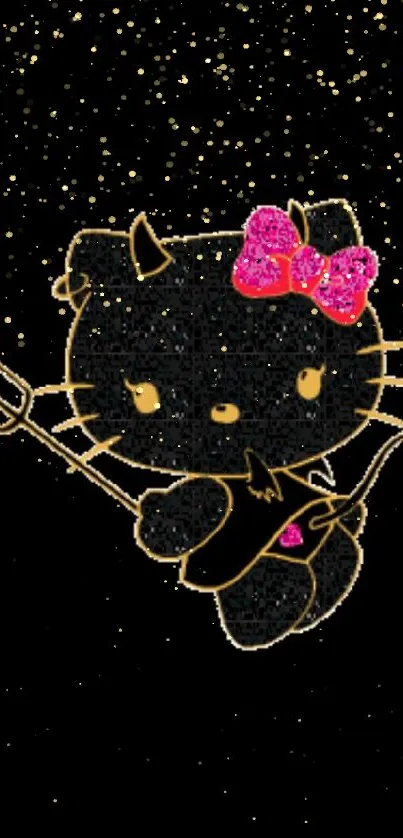 Cute dark-themed kitty with a pink bow on a black background.