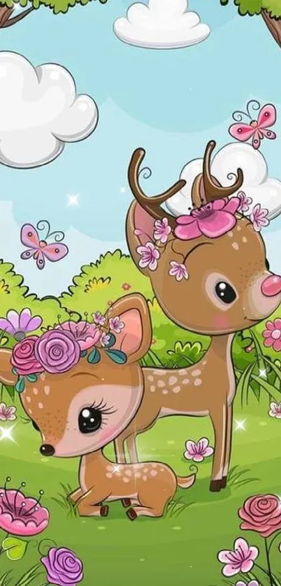 Cute deer with floral crowns in a vibrant meadow with butterflies.