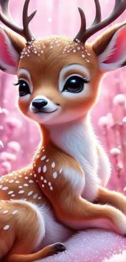 Adorable cartoon deer in pink blossom forest.