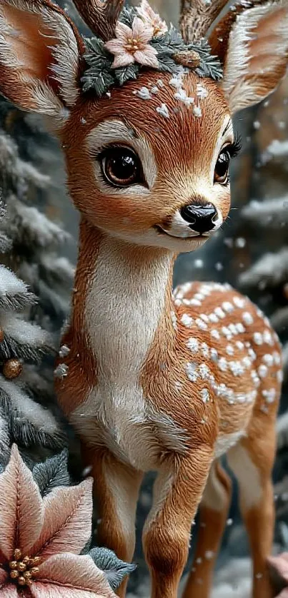 A cute deer in a snowy winter forest, adorned with flowers.