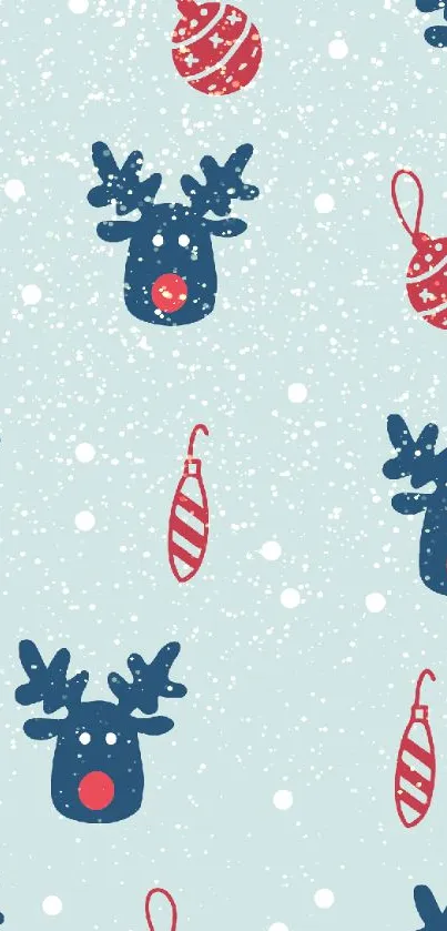 Festive wallpaper with reindeer and ornaments on light blue background.