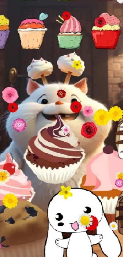 Adorable animal with cupcakes in vibrant wallpaper.