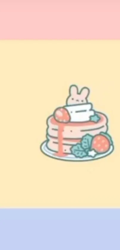 Cute bunny with pancakes and strawberries on pastel background.