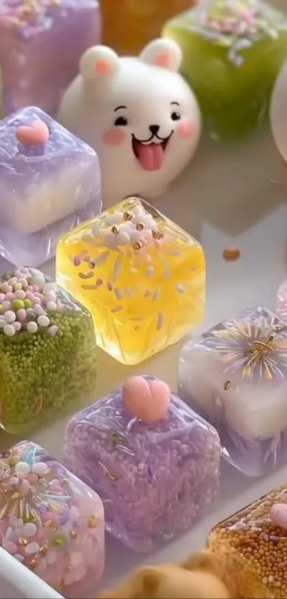 Cute dessert cubes with bear designs in pastel colors.