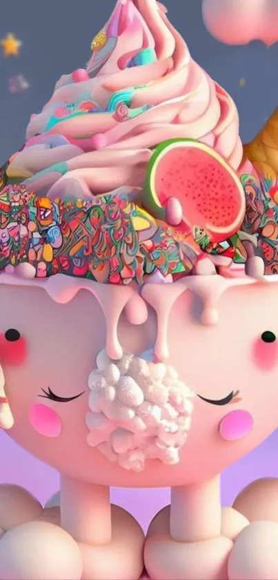 Whimsical dessert character with colorful candy and ice cream elements.