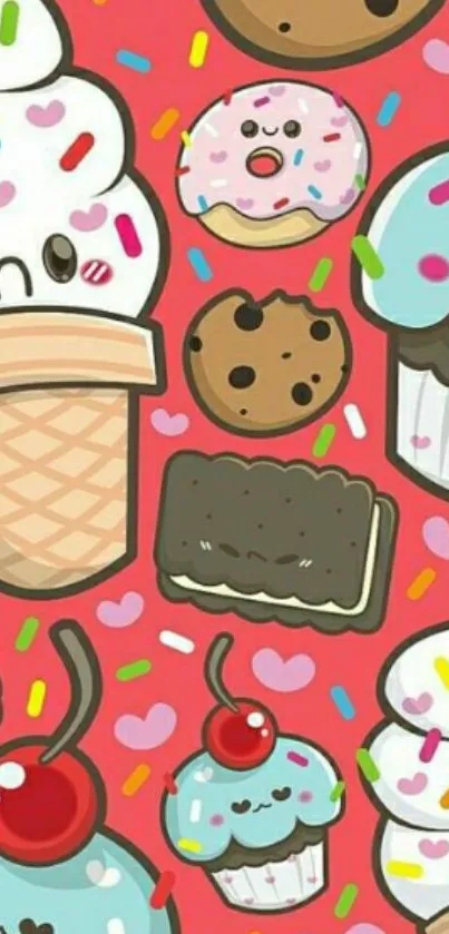 Cartoon dessert wallpaper with ice cream, cupcakes, and cookies on a pink background.