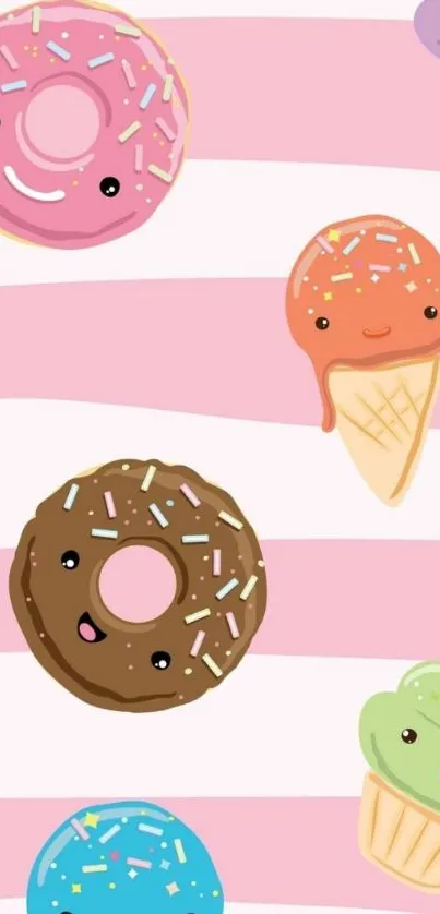 Cute cartoon dessert wallpaper with donuts and ice cream on pink stripes.