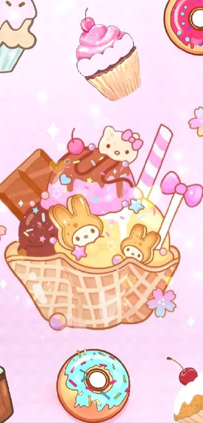 Cute dessert-themed wallpaper with pink background and kawaii pastries.