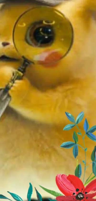 Cute yellow creature with magnifying glass and floral accents.