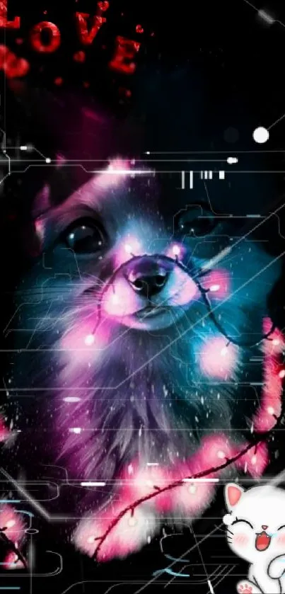 Adorable glowing digital puppy with love text and neon lights.