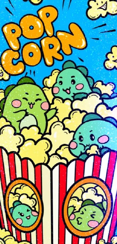 Cartoon dinosaurs in popcorn bucket with vibrant colors.