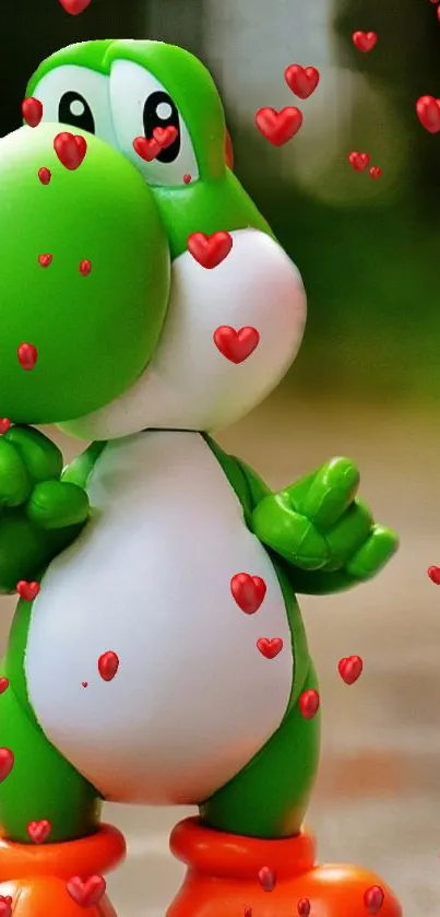 Cartoon green dinosaur with floating hearts.