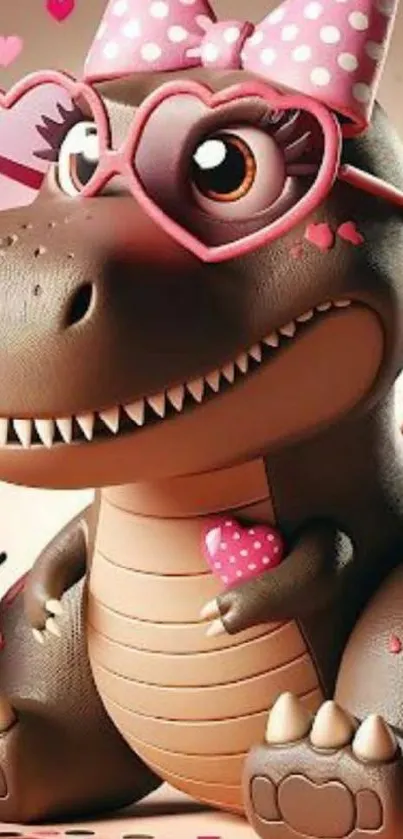 Cute dinosaur with heart glasses, holding a pink heart.