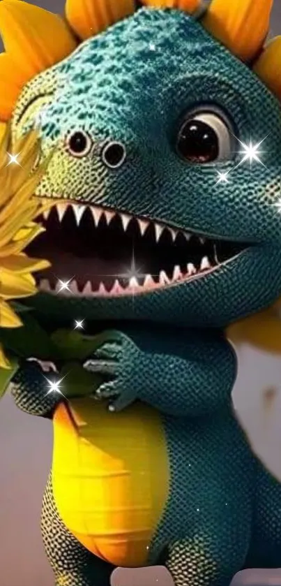 Cute dinosaur in a sunflower costume, sparkling design.