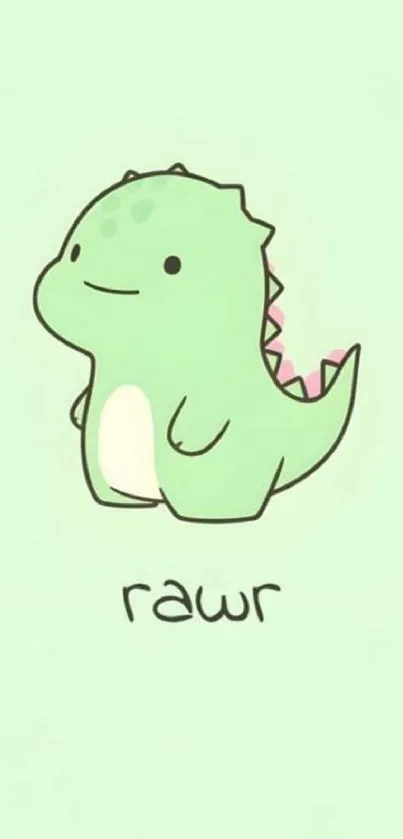 Cute cartoon dinosaur with pastel green background and rawr text.