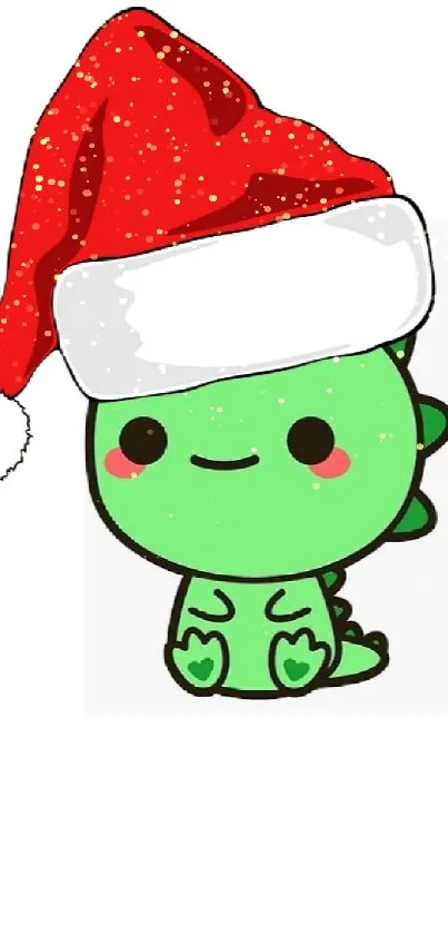 Adorable green dinosaur in a Santa hat on mobile wallpaper.