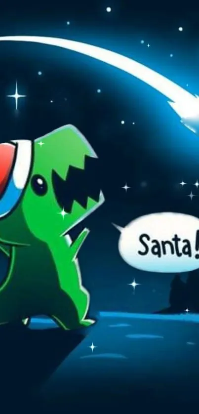 Cute dinosaur in Santa hat under a night sky.