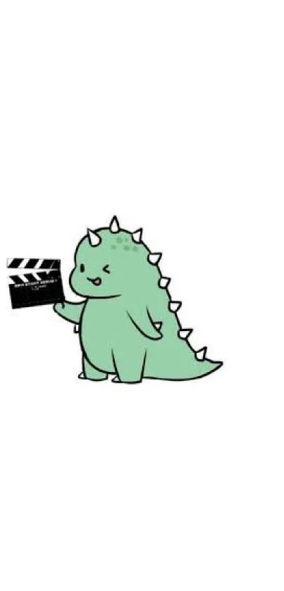 Minimalist green dinosaur holding a film clapperboard on white background.