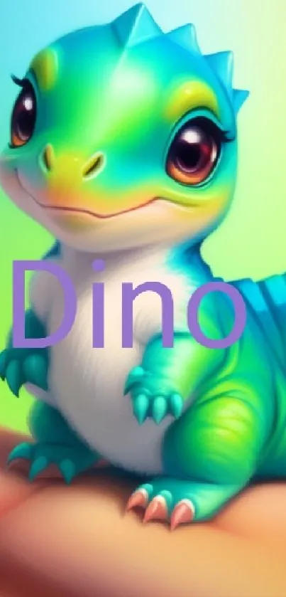 Cartoon baby dinosaur with cyan colors on a gentle hand, creating a cute wallpaper.